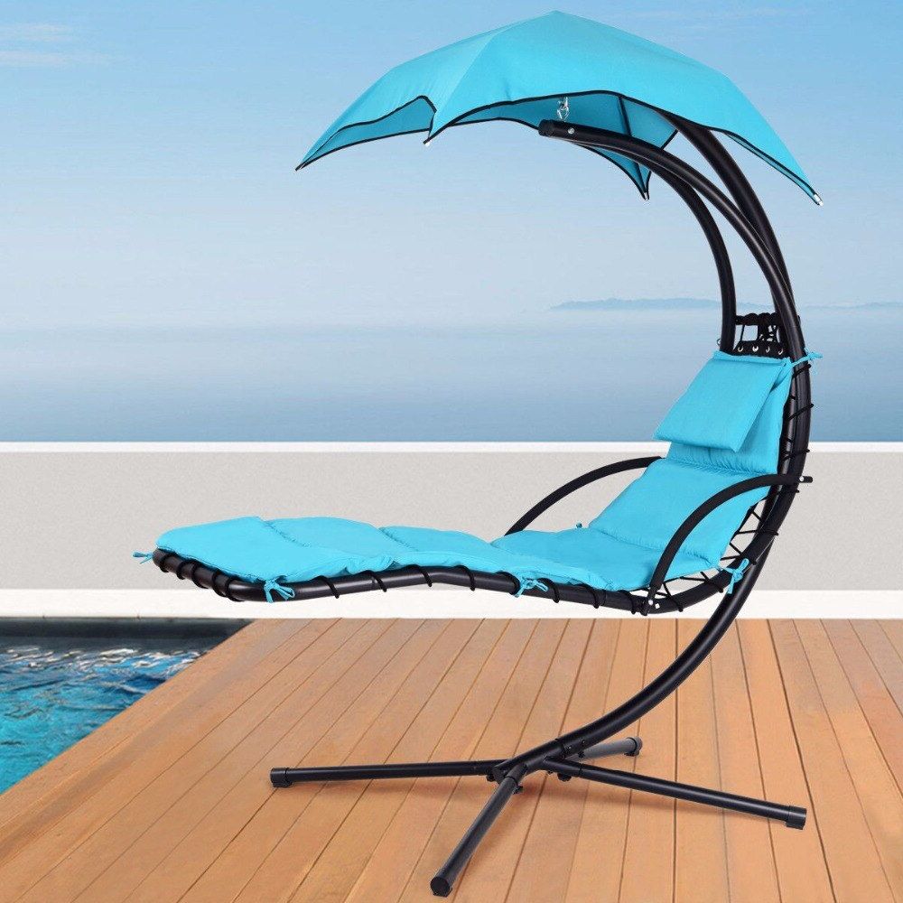 Giantex Hanging Chaise Lounger Chair Arc Stand Porch Swing  Hammock Chair W/ Canopy Blue Outdoor Furniture Op3460bl On Aliexpress (View 18 of 30)