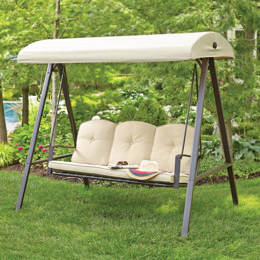 Hampton Bay Cunningham 3 Person Metal Outdoor Patio Swing With Canopy In 2020 3 Seater Swings With Frame And Canopy (View 11 of 30)