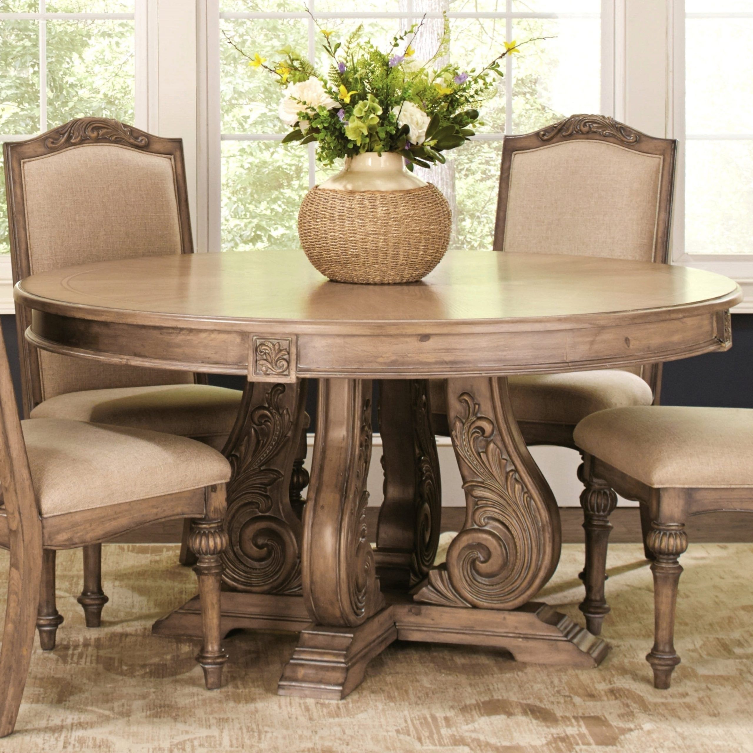 La Bauhinia French Antique Carved Wood Design Round Dining Table – Beige Pertaining To Most Recent Round Dining Tables (View 10 of 30)