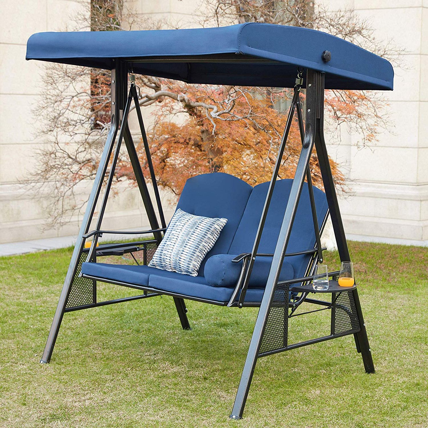 Lokatse Home 2 Person Canopy Outdoor Swing Chair Patio Hammock Cushions And  Teapoys Loveseat Bench Bed Furniture, 2 Seat Blue Pertaining To Recent Patio Loveseat Canopy Hammock Porch Swings With Stand (View 24 of 30)
