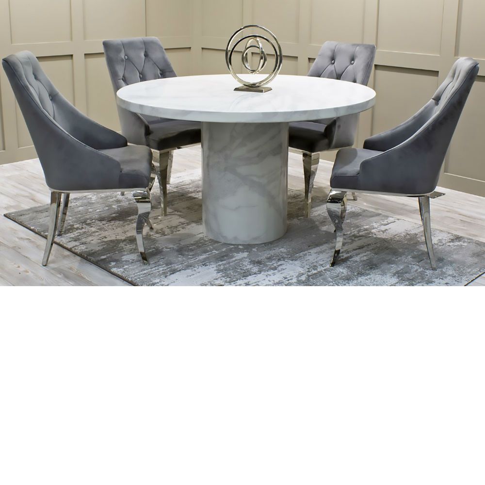 Most Current Round Dining Tables Pertaining To Carra Bone White Marble Round Dining Table – 1300 Inc Cassia Chairs (View 27 of 30)