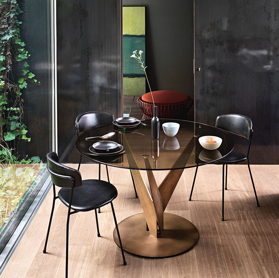 Most Current Smoked Oval Glasstop Dining Tables Throughout Contemporary Dining Table / Smoked Glass / Metal / Round (View 6 of 30)