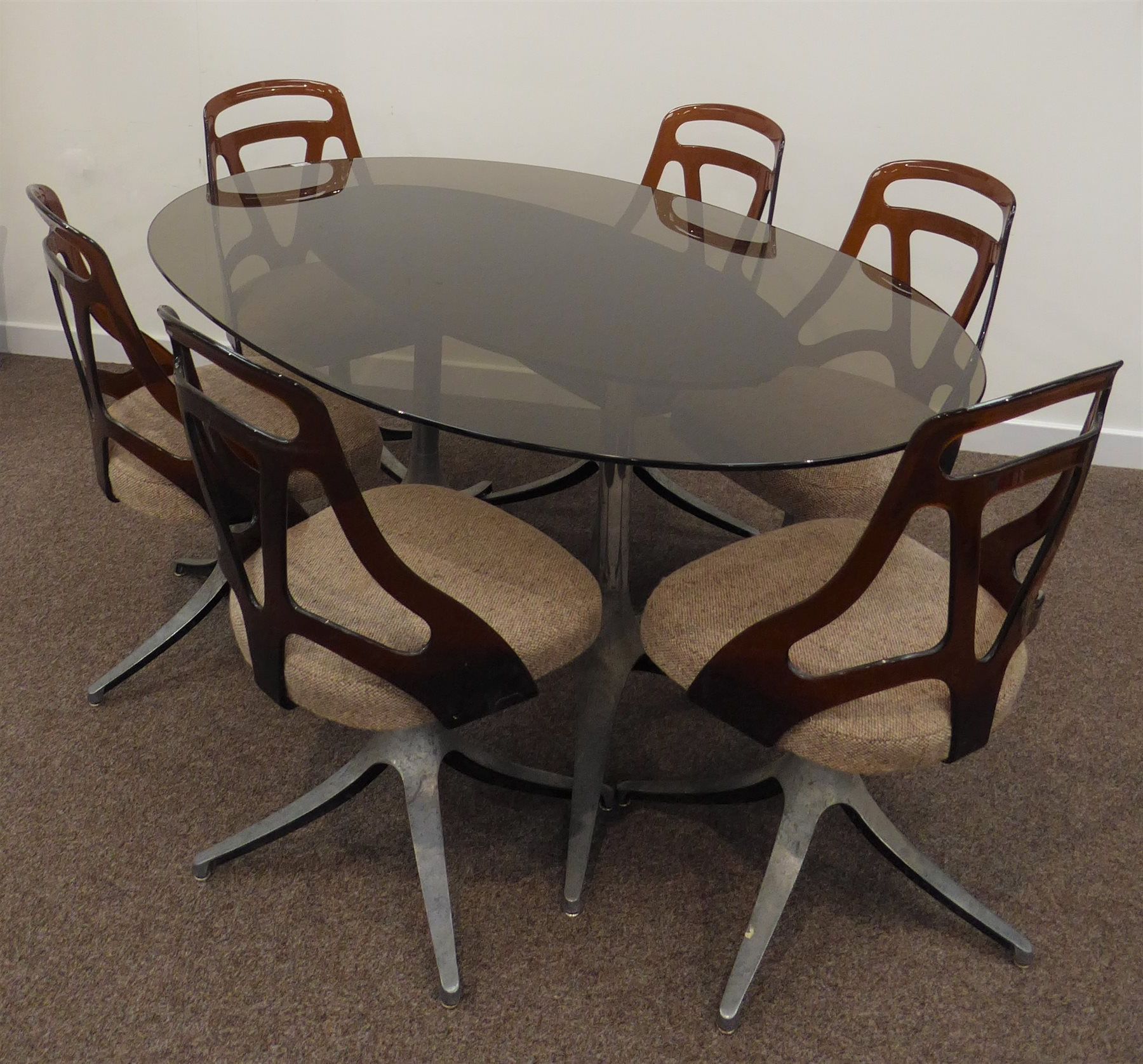 Most Recent 1970s Dining Table, Oval Smoked Glass Top On Twin Chromed Throughout Smoked Oval Glasstop Dining Tables (View 26 of 30)