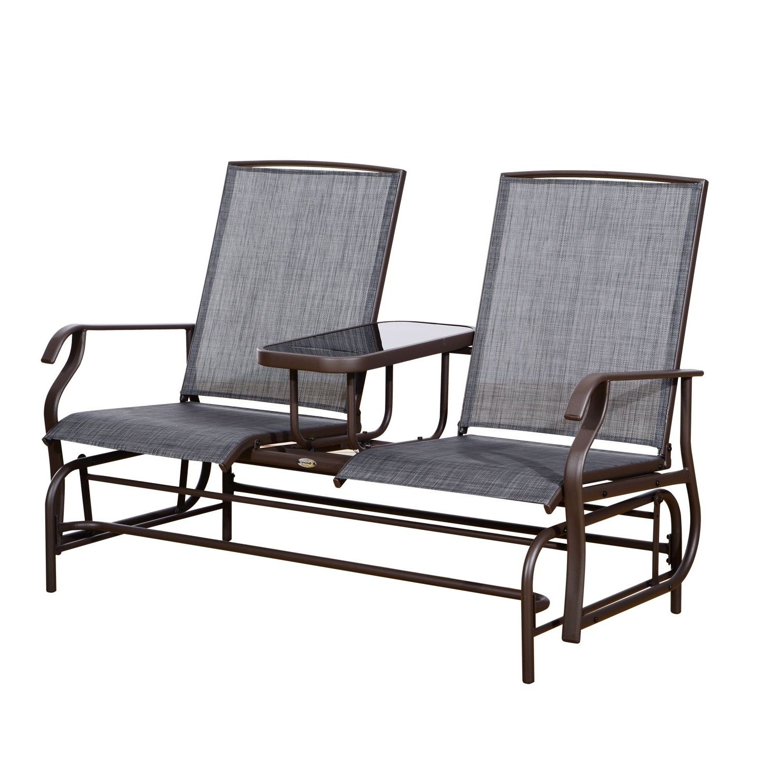 Outsunny Two Person Outdoor Mesh Fabric Patio Double Glider Chair With  Center Table Intended For Famous 2 Person Antique Black Iron Outdoor Gliders (View 23 of 30)