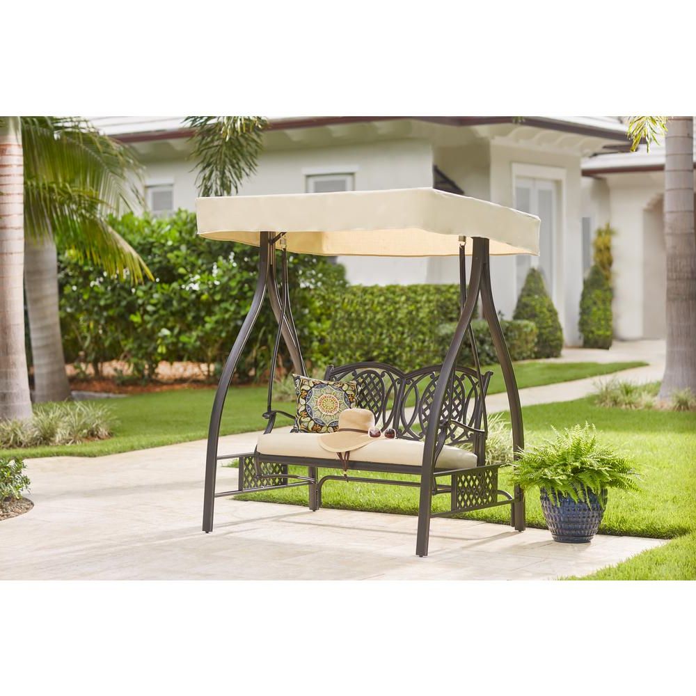 Patio Loveseat Canopy Hammock Porch Swings With Stand For Widely Used Belcourt Metal Outdoor Swing With Stand And Canopy With Cushionguard  Oatmeal Cushion (Photo 30 of 30)