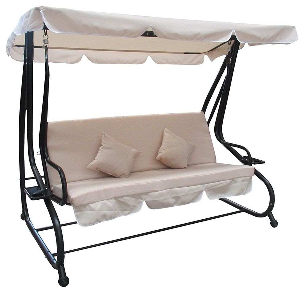 Recent Aleko Canopy Patio Swing Bench With Pillows And Cup Holders, Beige Within Canopy Patio Porch Swings With Pillows And Cup Holders (View 2 of 30)