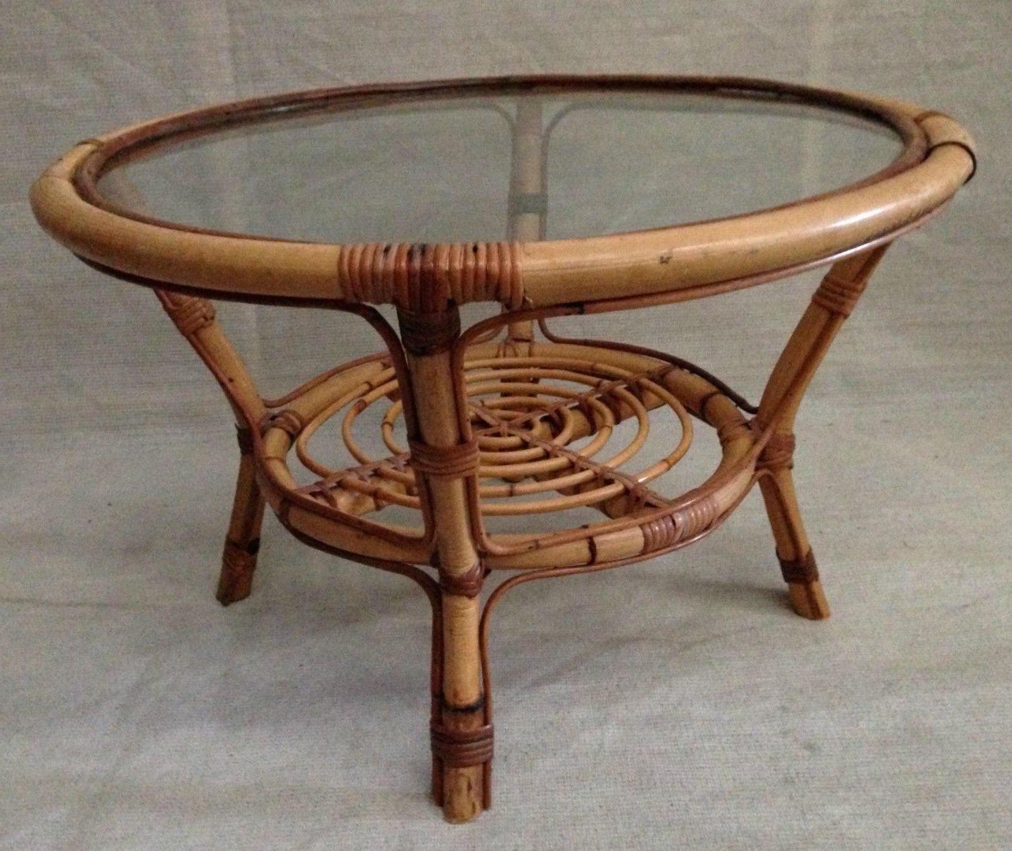 Retro Round Glasstop Dining Tables With Most Recent Vintage Round Cane & Glass Coffee Table Woven Wicker Rattan (View 17 of 30)