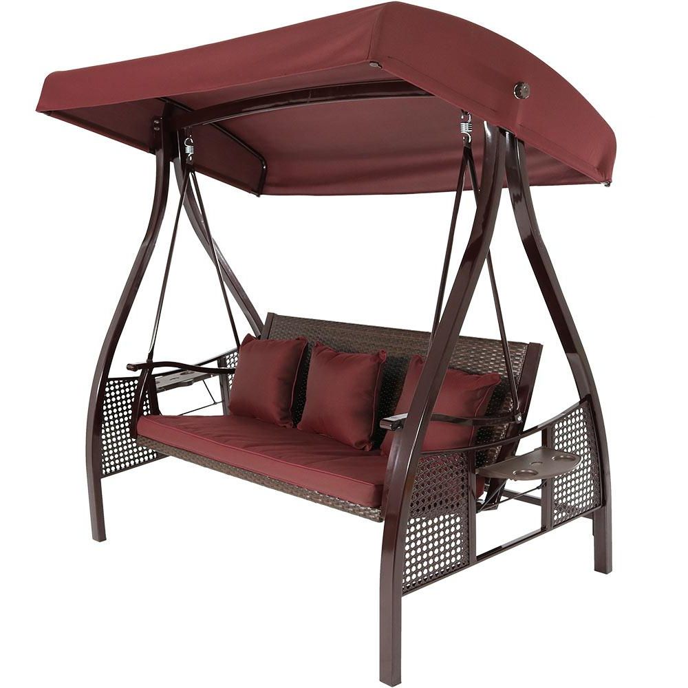 Trendy Canopy Porch Swings With Regard To Sunnydaze Decor Deluxe Steel Frame Porch Swing With Maroon Cushion, Canopy  And Side Tables (View 18 of 30)