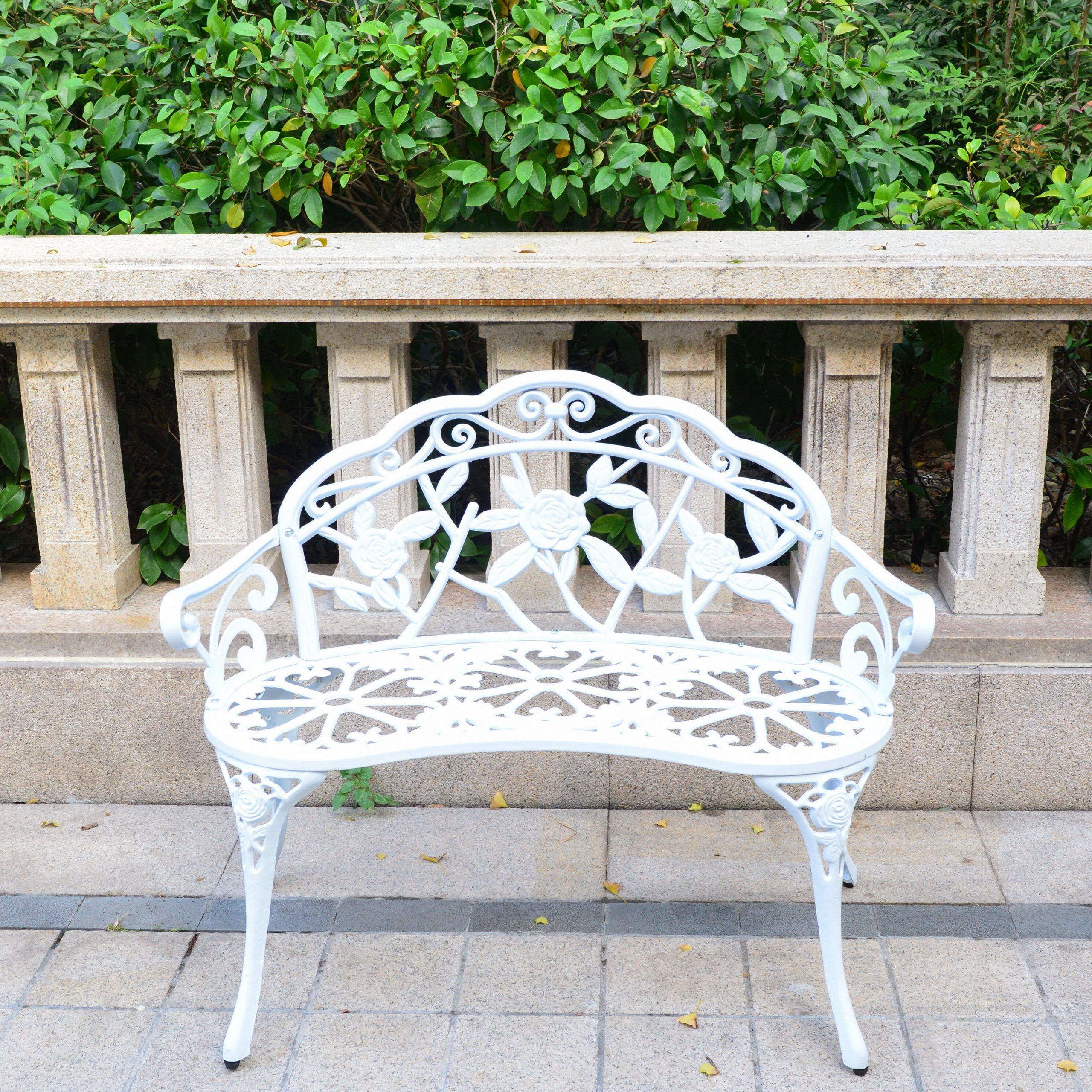2020 Heslin Steel Park Benches In Outdoor Bench Cast Aluminum, Front Porch Benches Garden Metal Loveseat  Patio Furniture, Rose Carving And Weather Resistant  White (View 10 of 30)