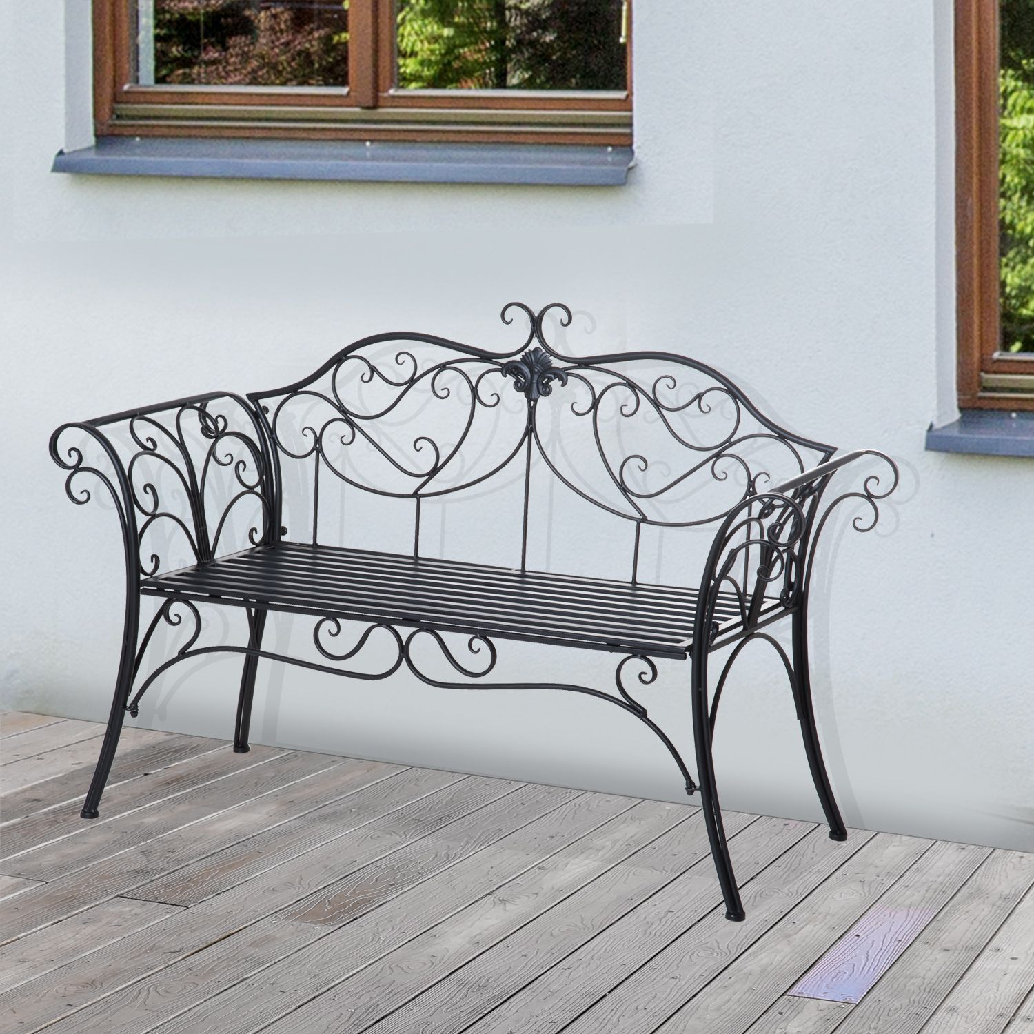 2020 Outsunny Garden Bench Porch Outdoor Seat Chair Backrest Metal Black Park Regarding Blooming Iron Garden Benches (View 27 of 30)