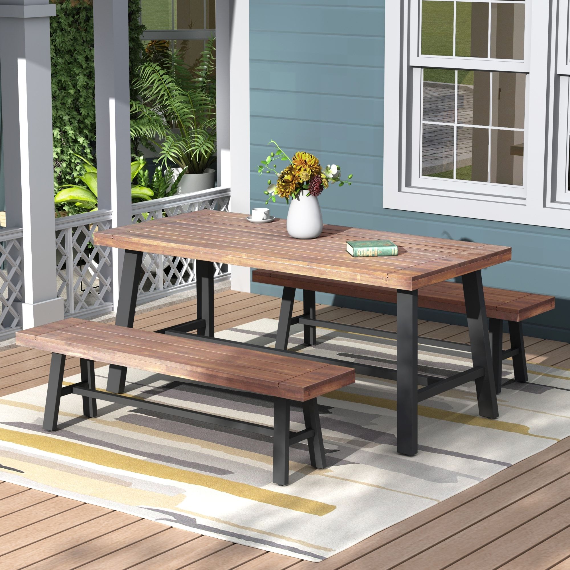 3pcs Walnut Finish Solid Wood Rectangle Outdoor Table Bench Set Inside 2019 Walnut Solid Wood Garden Benches (View 13 of 30)