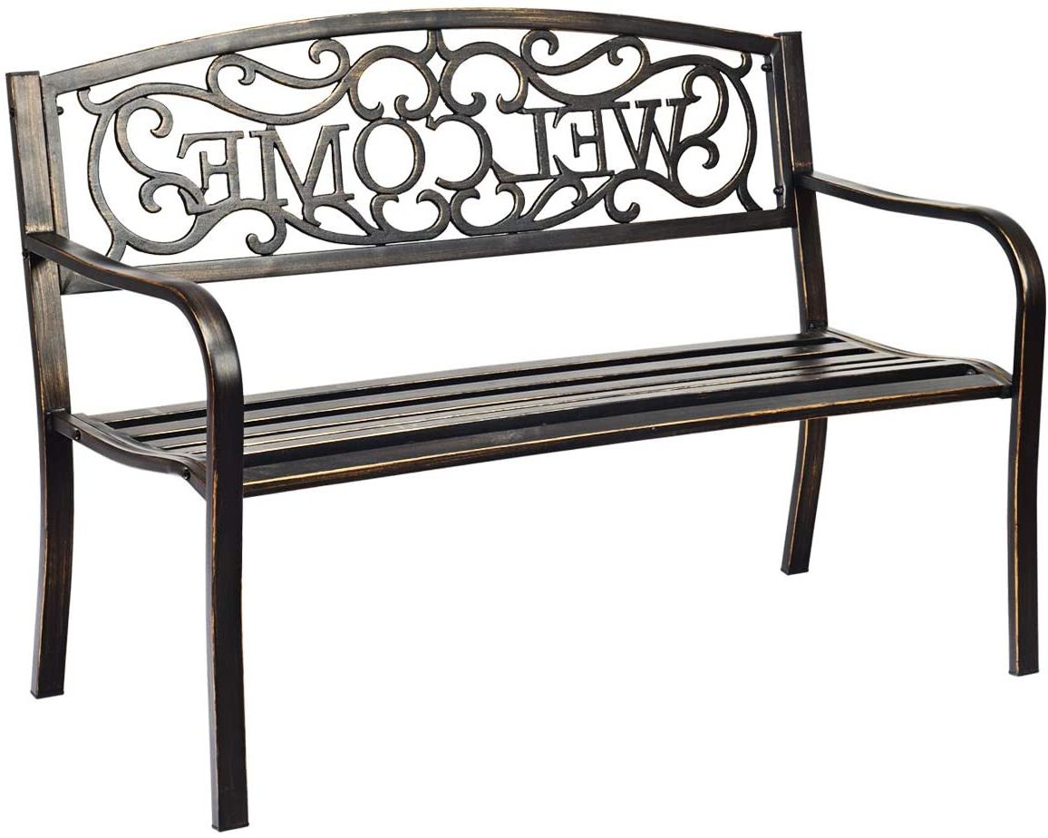 Giantex Garden Bench, Antique Metal Outside Bench W/warm Welcome Pattern,  Elegant Bronze Finish And Durable Metal Frame For Park Yard Porch Chair Throughout Recent Blooming Iron Garden Benches (View 18 of 30)
