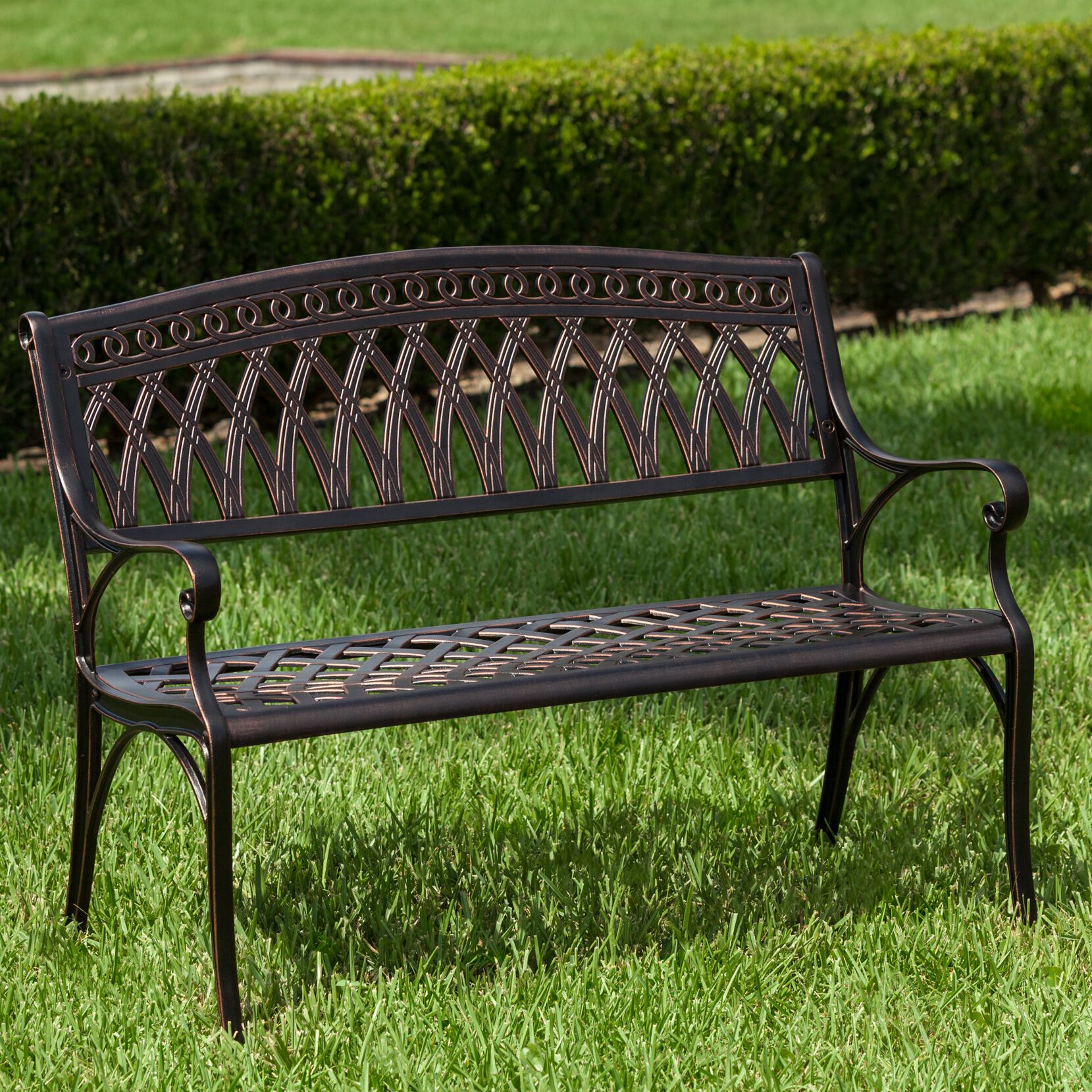 Most Recent Simone Cast Aluminum Garden Bench Throughout Alvah Slatted Cast Iron And Tubular Steel Garden Benches (View 11 of 30)