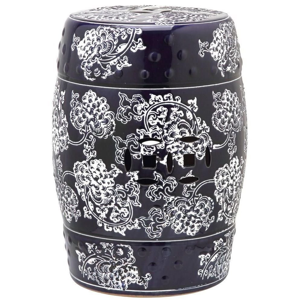 Safavieh Midnight Flower Navy And White Garden Patio Stool Throughout Most Current Maci Tropical Birds Garden Stools (View 8 of 30)