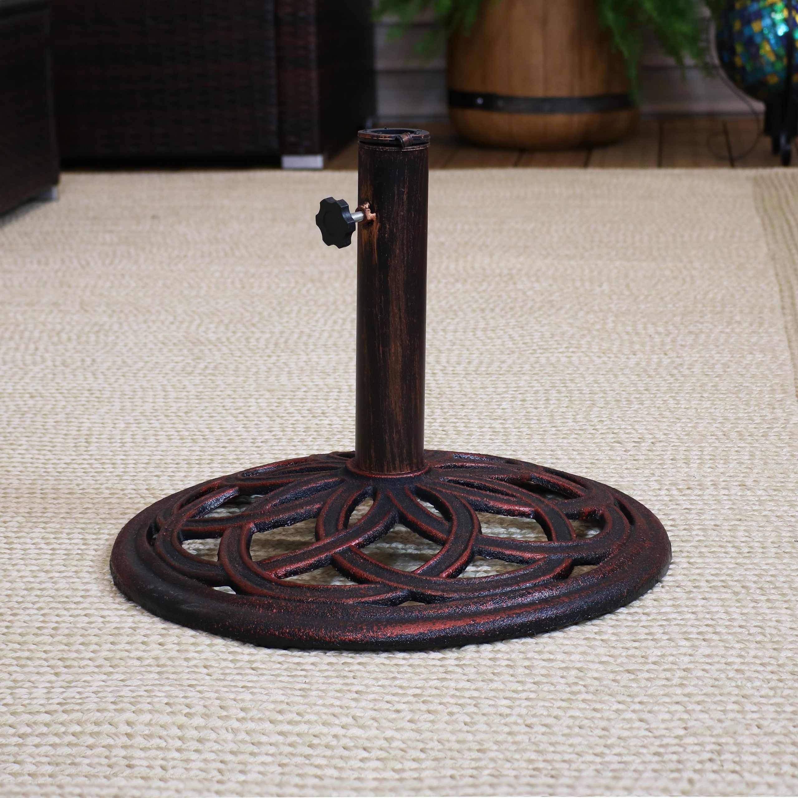 Sunnydaze Cast Iron Umbrella Base With Celtic Knot Design, 17 Inch Diameter  – Walmart Throughout Most Current Celtic Knot Iron Garden Benches (View 28 of 30)