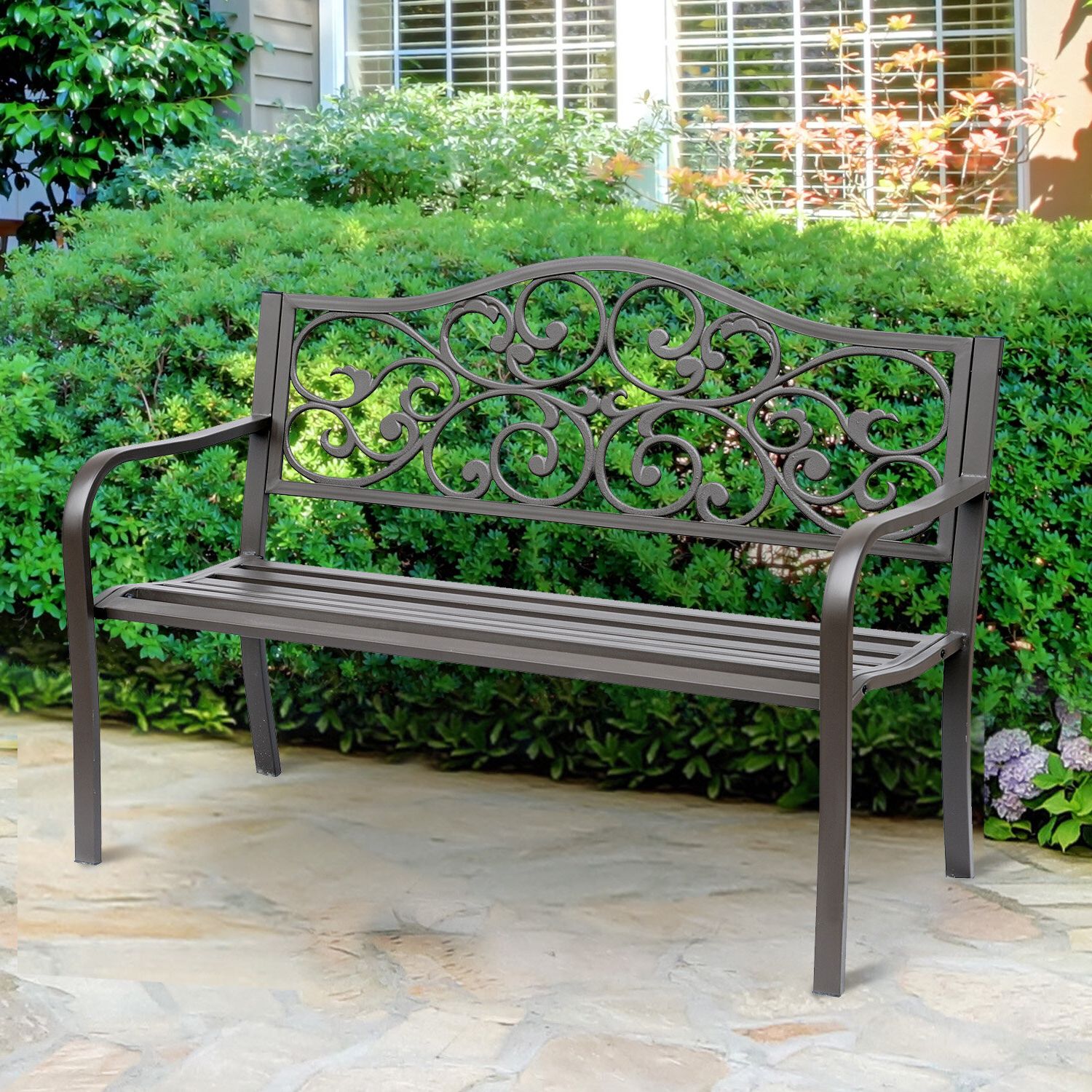 Trendy Kane Flower Pattern Cast Iron Garden Bench With Regard To Alvah Slatted Cast Iron And Tubular Steel Garden Benches (View 7 of 30)