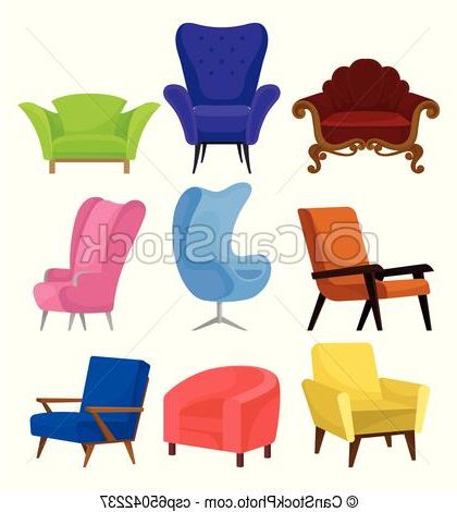 Flat Vecrtor Set Of Cozy Armchairs. Retro And Modern Chairs With Soft  Upholstery (View 21 of 30)