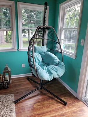 Newest Barton Premium Hanging Egg Swing Chair Uv Resistant Fluffy Cushion Patio  Seating, Blue In Renay Papasan Chairs (View 19 of 30)