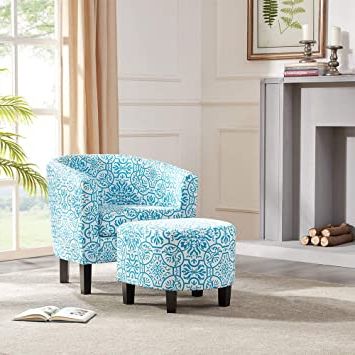 Preferred Belleze Modern Upholstered Barrel Accent Chair With Ottoman Footrest Set,  Blue Floral Print Throughout Louisiana Barrel Chair And Ottoman Sets (View 14 of 30)