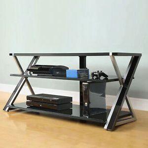 2017 65 Inch Tv Stand Black With Tempered Glass Shelves For Pertaining To Tabletop Tv Stands Base With Black Metal Tv Mount (View 8 of 10)