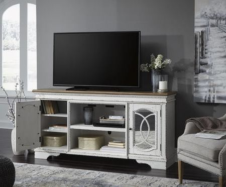 57'' Tv Stands With Led Lights Modern Entertainment Center In Trendy Signature Designashley Realyn Chipped White Extra (Photo 8 of 10)