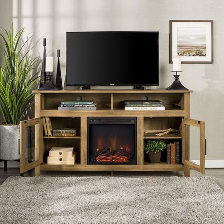 58" Wood Highboy Fireplace Tv Stand – Rustic Oak (View 4 of 10)