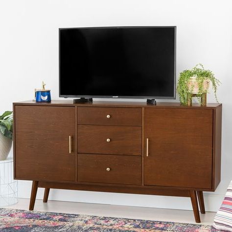 60" Mid – Century Modern Wood Tv Console – Walnut With Trendy Mid Century 2 Door Tv Stands In Dark Walnut (Photo 4 of 10)