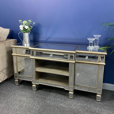 Canterbury Champagne Gold Mirrored Tv Stand Cabinet Intended For Most Current Fitzgerald Mirrored Tv Stands (View 9 of 10)