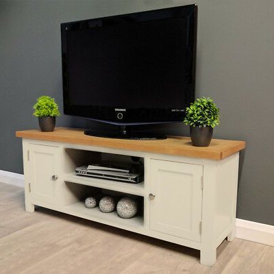 Cotswold Cream Painted Large Oak Tv Unit / Plasma / Solid In Latest Carbon Extra Wide Tv Unit Stands (View 5 of 10)