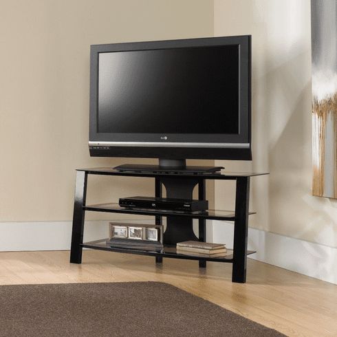Glass Shelves Tv Stands Intended For Most Recently Released Mirage Black/clear Glass Panel Tv Stand (Photo 2 of 10)