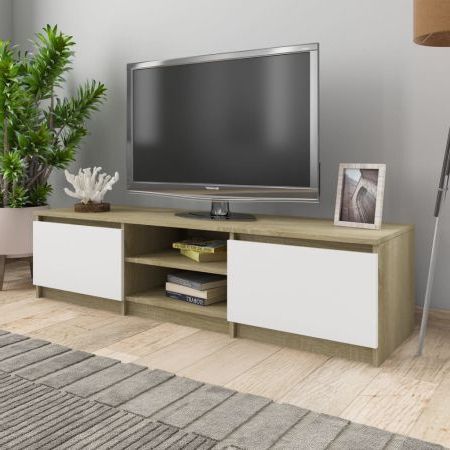 Latest Tv Cabinet White And Sonoma Oak 140x40x35.5 Cm Chipboard Inside Tv Stands Cabinet Media Console Shelves 2 Drawers With Led Light (Photo 1 of 10)