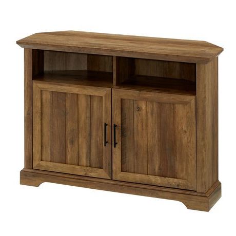 Modern Farmhouse Grooved Door Corner Tv Console For Tv's With Newest Avalene Rustic Farmhouse Corner Tv Stands (Photo 1 of 10)