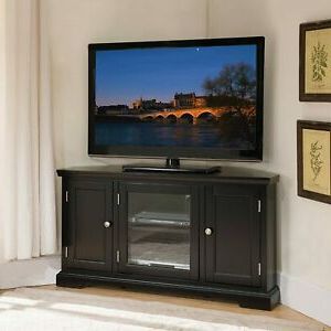 Most Current Black Hardwood Oak Corner Tv Stand Media Av Cabinet With Regard To Contemporary Black Tv Stands Corner Glass Shelf (View 4 of 10)