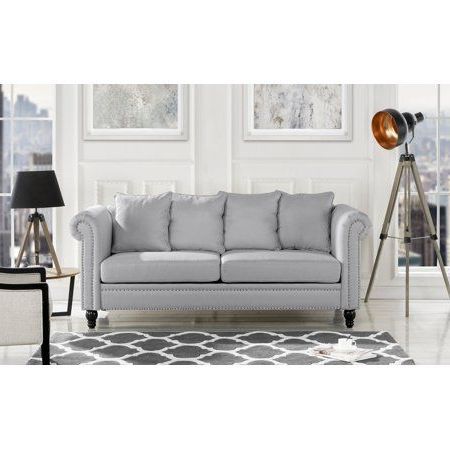 Most Recently Released Radcliff Nailhead Trim Sectional Sofas Gray Throughout Classic Chesterfield Scroll Arm Linen Living Room Sofa (View 10 of 10)