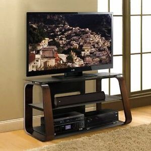 Preferred Rfiver Black Tabletop Tv Stands Glass Base Throughout Glass Shelf & Wood Flat Panel Tv Stand, Cherry Wood Color (Photo 3 of 10)