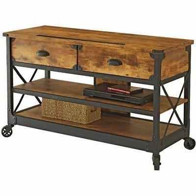 Tabletop Tv Stands Base With Black Metal Tv Mount In Newest Industrial Sofa Table With Wheels Rustic Console 2 Drawers (View 10 of 10)