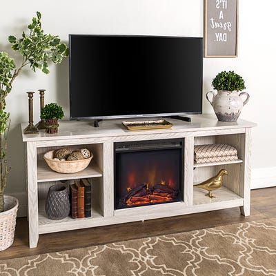 Traditional 58" White Wash Wood Tv Stand With Fireplace Throughout Newest Electric Fireplace Tv Stands With Shelf (View 2 of 10)