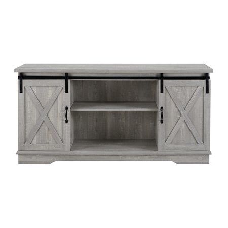 Trendy Jaxpety 58" Farmhouse Sliding Barn Door Tv Stands Throughout Manor Park Barn Door Tv Stand For Tvs Up To 65", Stone (View 5 of 10)