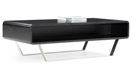 Well Known Modern Black Tv Stands On Wheels With Metal Cart Pertaining To Miles Black Oak Veneer Modern Coffee Table With Metal Base (View 10 of 10)