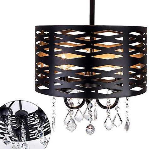 Most Recently Released Matte Black Three Light Chandeliers In 3 Light Industrial Black Round Metal Shade Crystal (View 8 of 10)