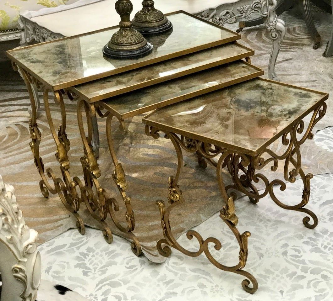 2019 Set Of Four Gilded Metal Nesting Tables With Aged Mirror In Antique Gold Nesting Console Tables (View 10 of 10)