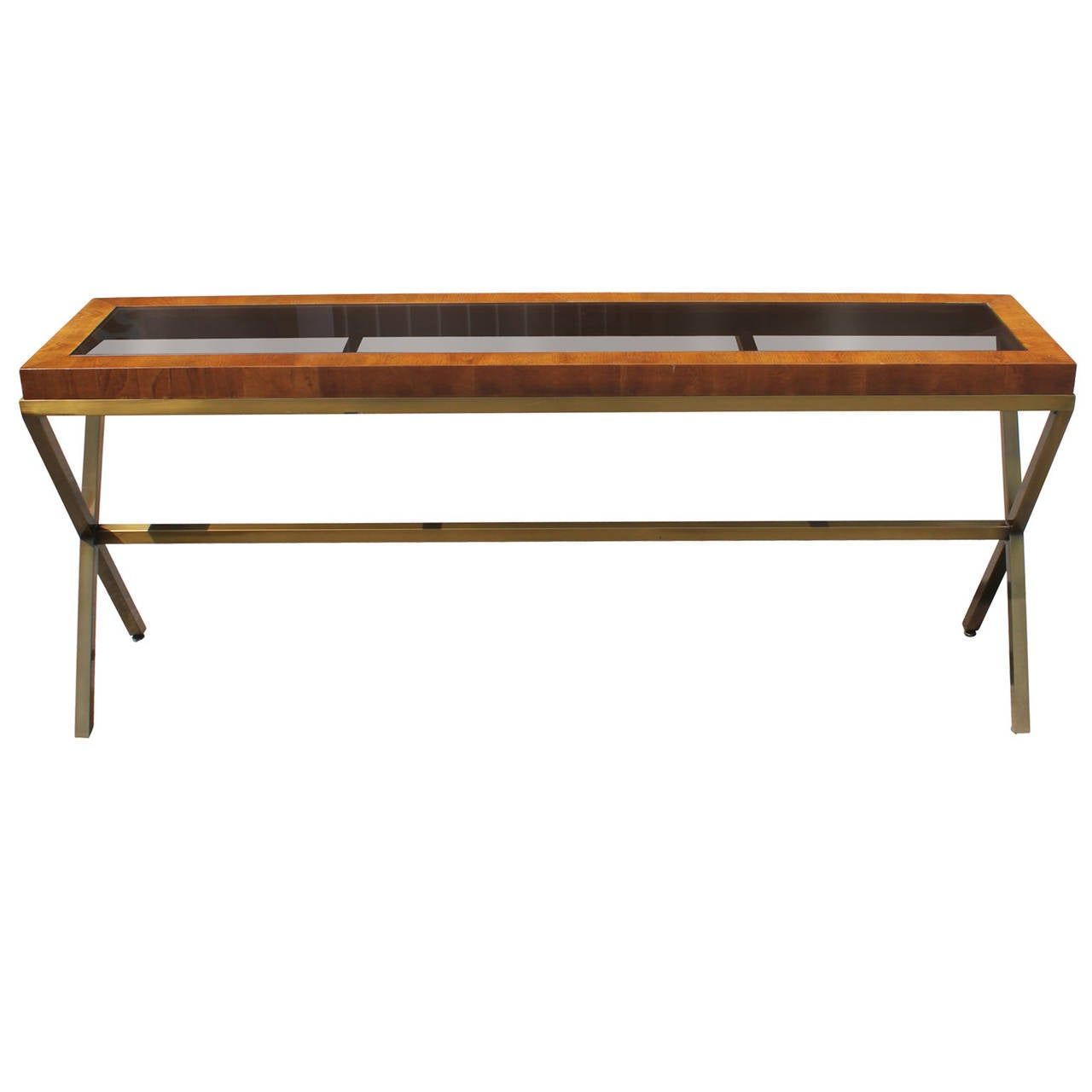 2020 Brass Smoked Glass Console Tables Throughout Stunning Brass, Smoked Glass, And Burl Wood Console At 1stdibs (View 1 of 10)