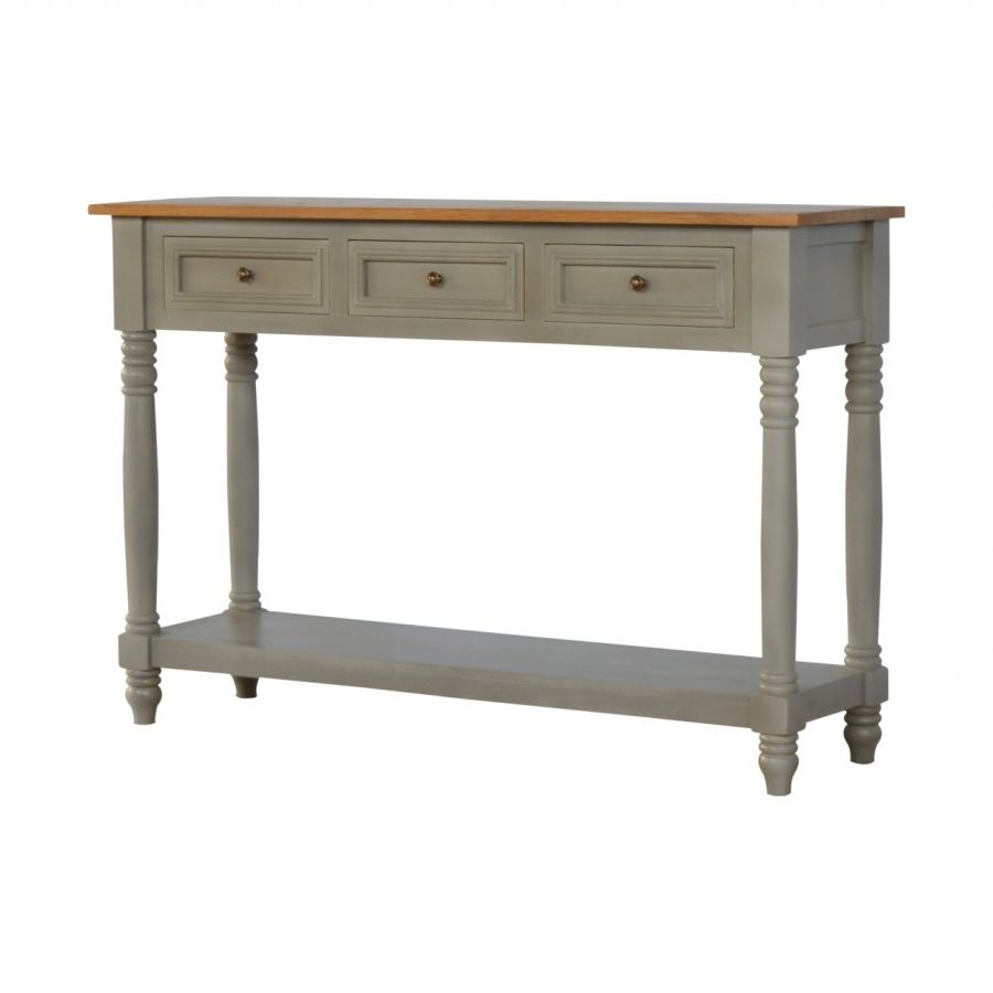 3 Drawer Grey Painted Console Table With Turned Legs Inside Most Recently Released Gray Wood Veneer Console Tables (View 9 of 10)