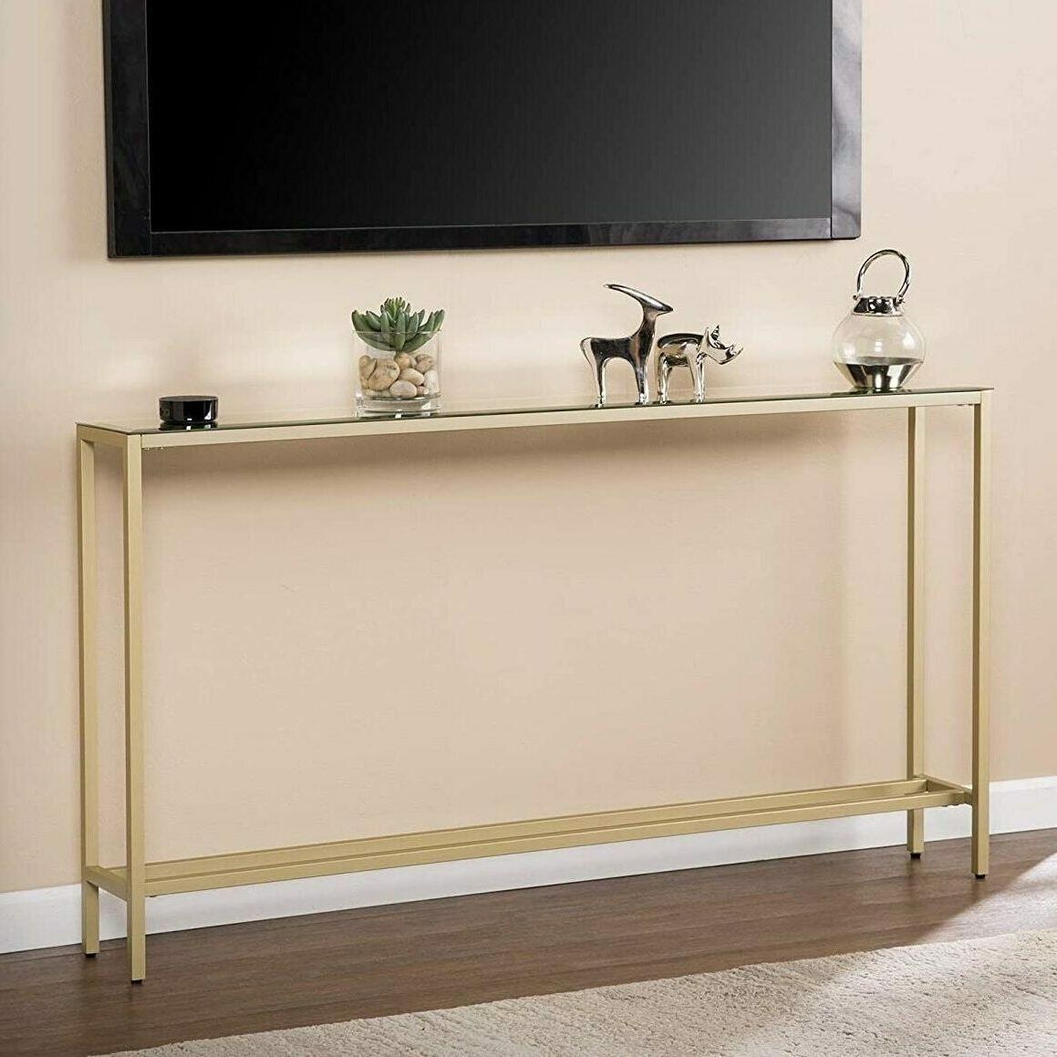 55" Slim Console Table Gold Mirror Top Glam Regarding Preferred Metallic Gold Console Tables (View 5 of 10)