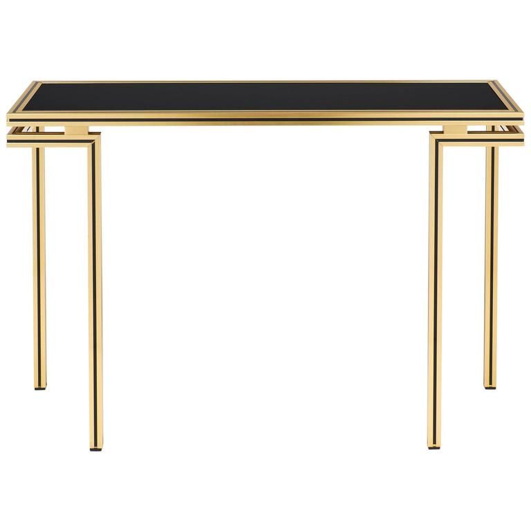 Antique Brass Aluminum Round Console Tables Inside Preferred Vintage Black Glass Top Brass Console Tablepierre (View 9 of 10)