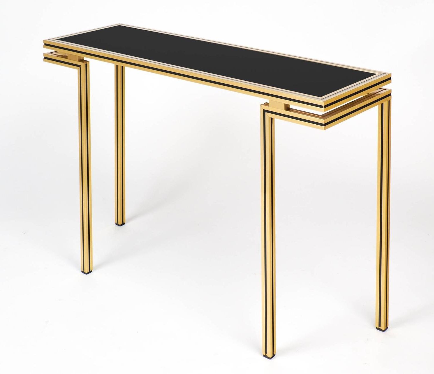 Antique Brass Aluminum Round Console Tables Within Most Current Vintage Black Glass Top Brass Console Tablepierre (View 3 of 10)