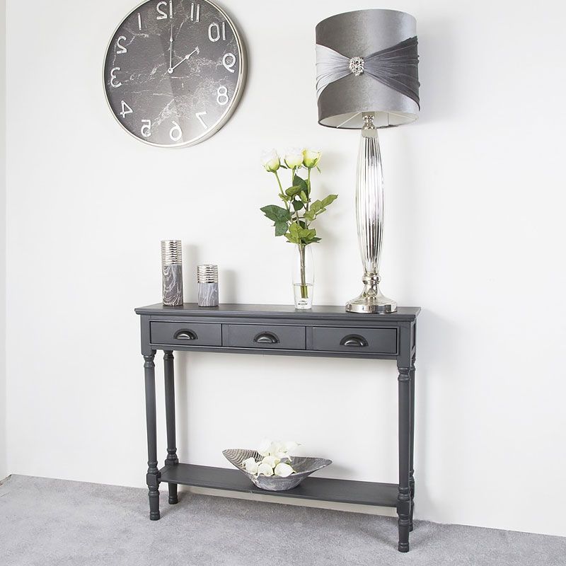 Arabella Grey Wood Medium 3 Drawer Console Table Hallway Intended For Widely Used Gray Driftwood Storage Console Tables (View 4 of 10)