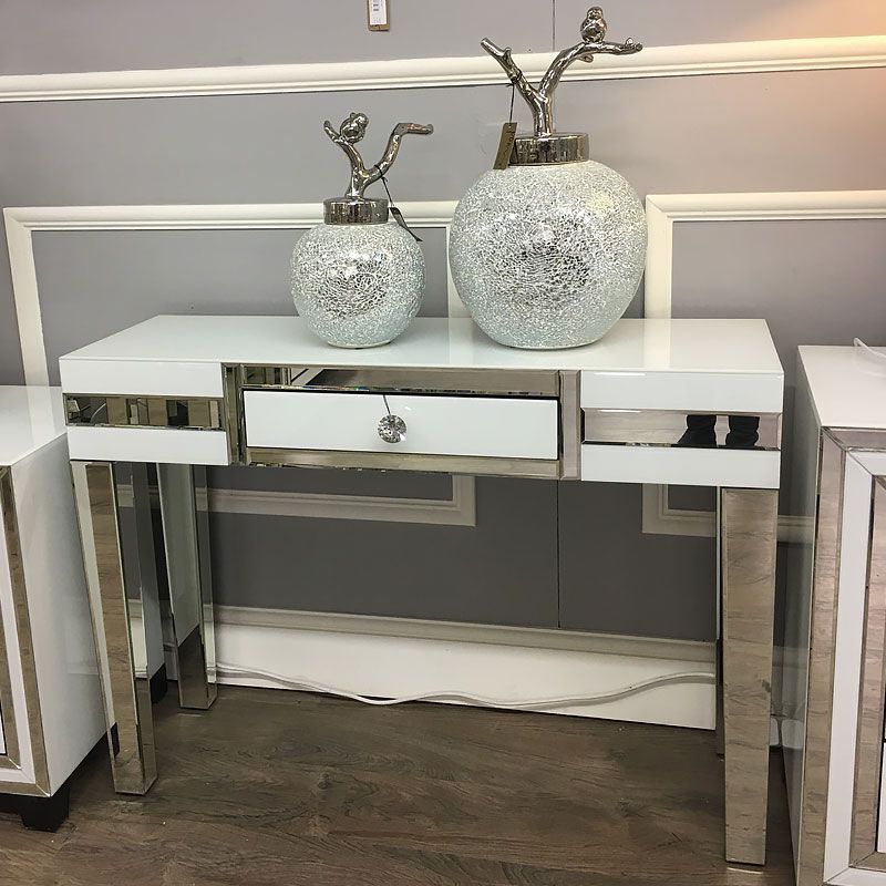 Best And Newest Madison White Glass Mirrored 1 Drawer Console Table Throughout Glass And Pewter Oval Console Tables (View 7 of 10)