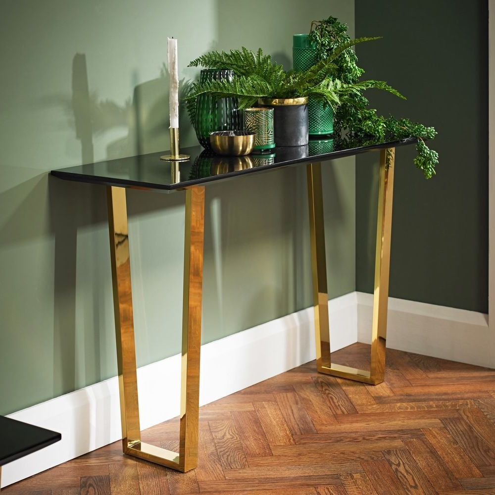 Black And Gold Console Tables For Recent Glass Console Table Black Polished Gold Legs Hallway (View 2 of 10)