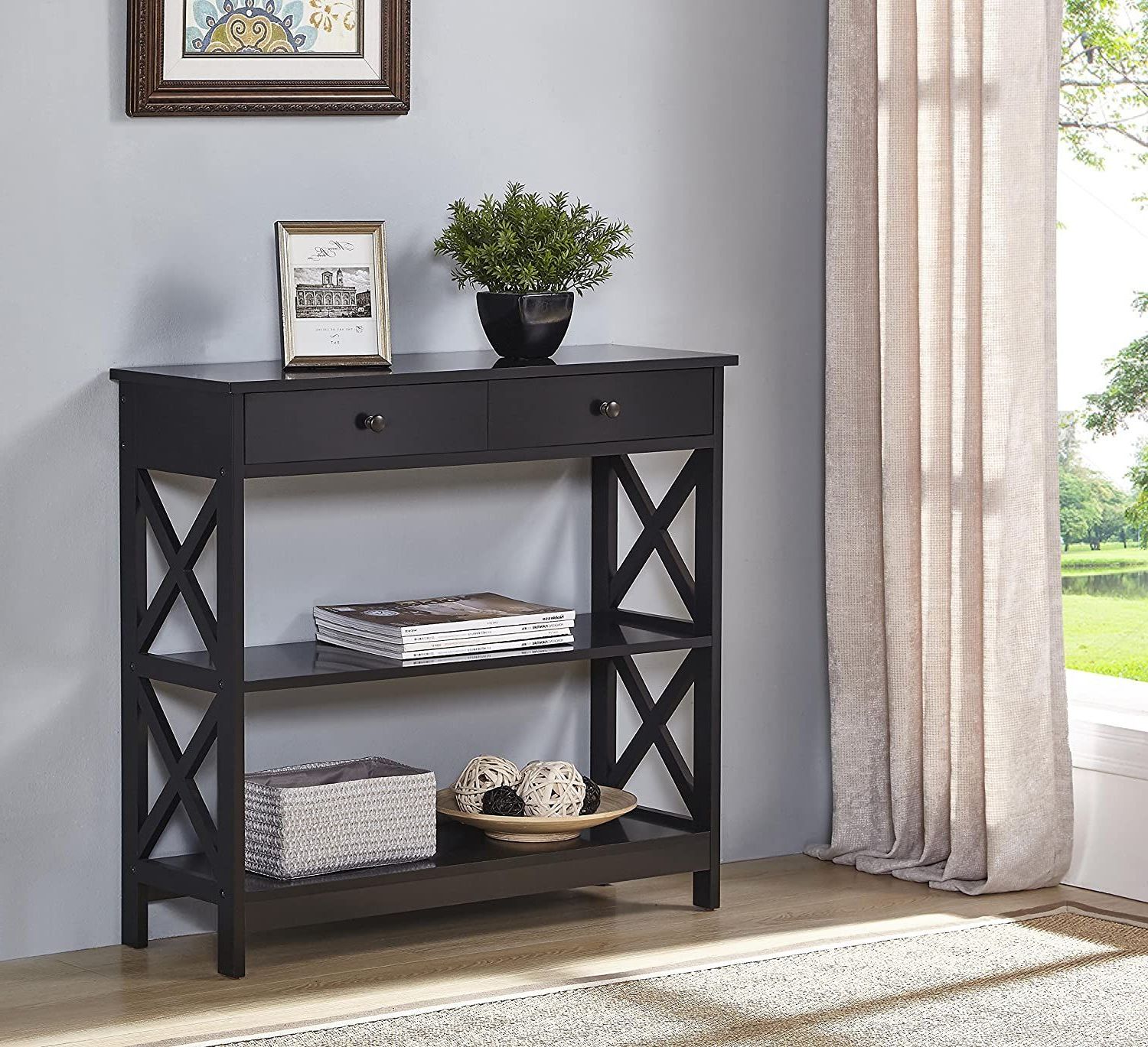 Black Finish 3 Tier Console Sofa Entry Table With Shelf With Well Liked 3 Tier Console Tables (View 2 of 10)